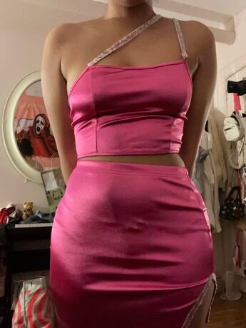 Sequin Tape One Shoulder Satin Top & Slit Skirt