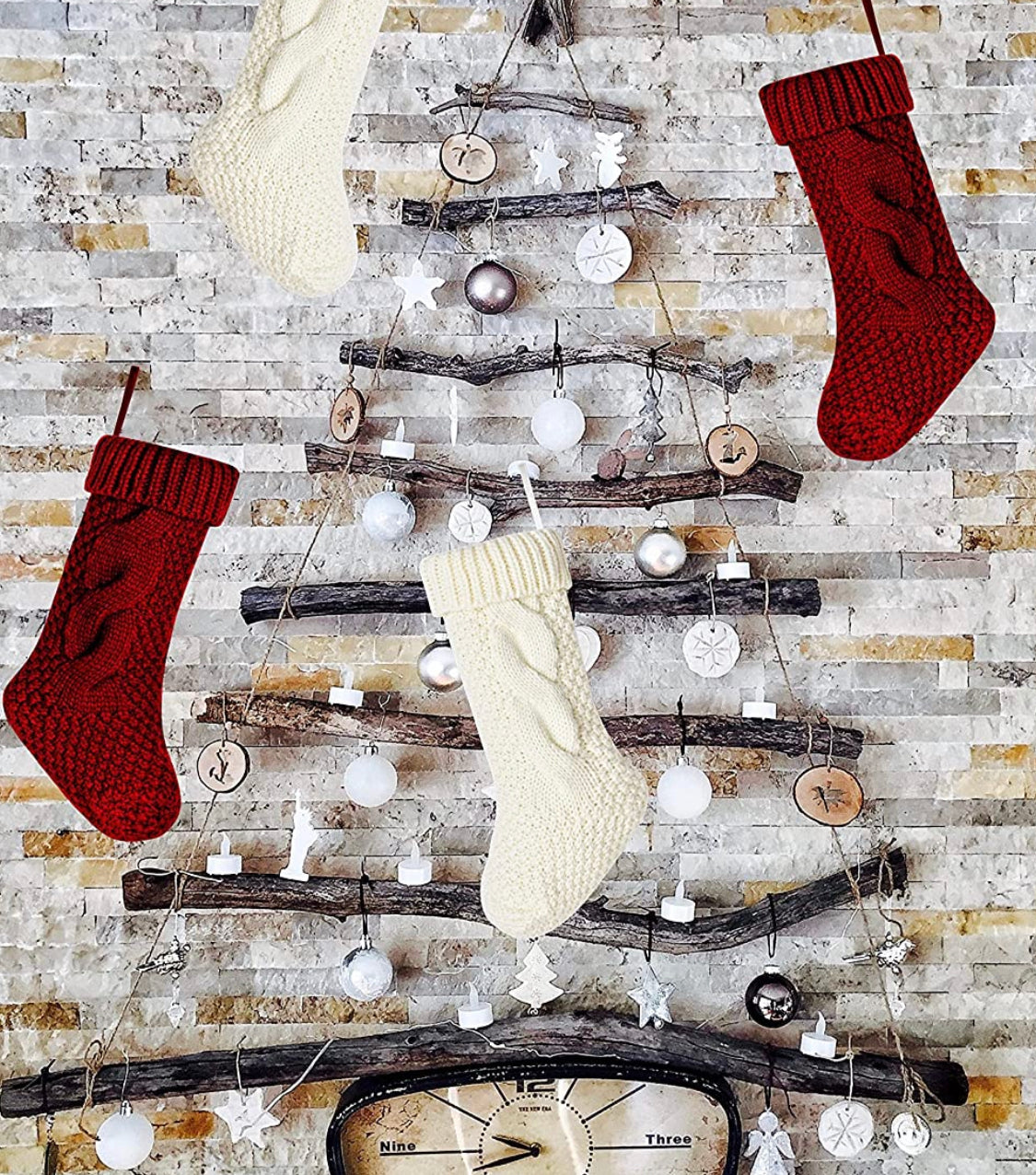 Unique Burgundy and Ivory White Knit Christmas Stockings 14"